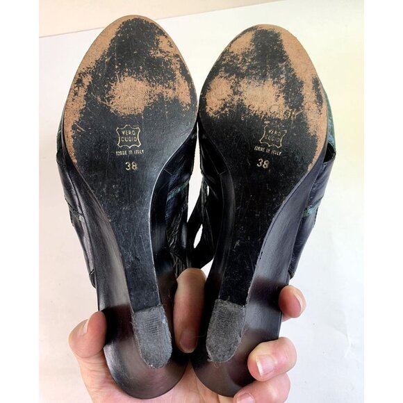 Vintage 70s Pointed Toe Slingback SnakeSkin Wedge Shoe Black Green Women's 38/7 - Picture 7 of 9